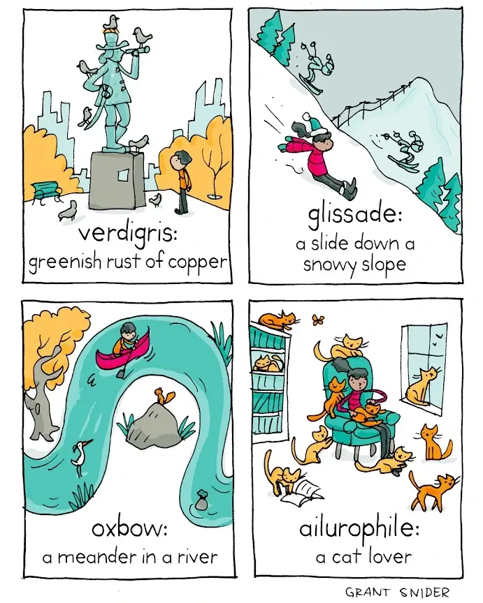 Verdigris: greenish rust of copper. Glissade: a slide down a snowy slope. Oxbow: a meander in a river. Ailurophone: a cat lover.