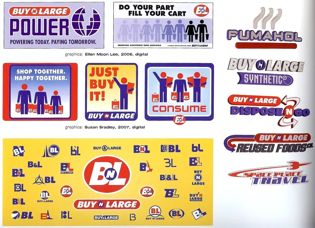 Image compilation of different Buy N Large advertisements, which look similar to propaganda posters, as they heavily advertise heavy consumption. Examples include posters with the text "Consume", "Shop together, live together" and "Do your part, fill your cart!". There are also several Buy N Large sub-companies listed, such as "Fumahol", "Buy N Large Synthetic" and "Buy N Large Reused Foods"