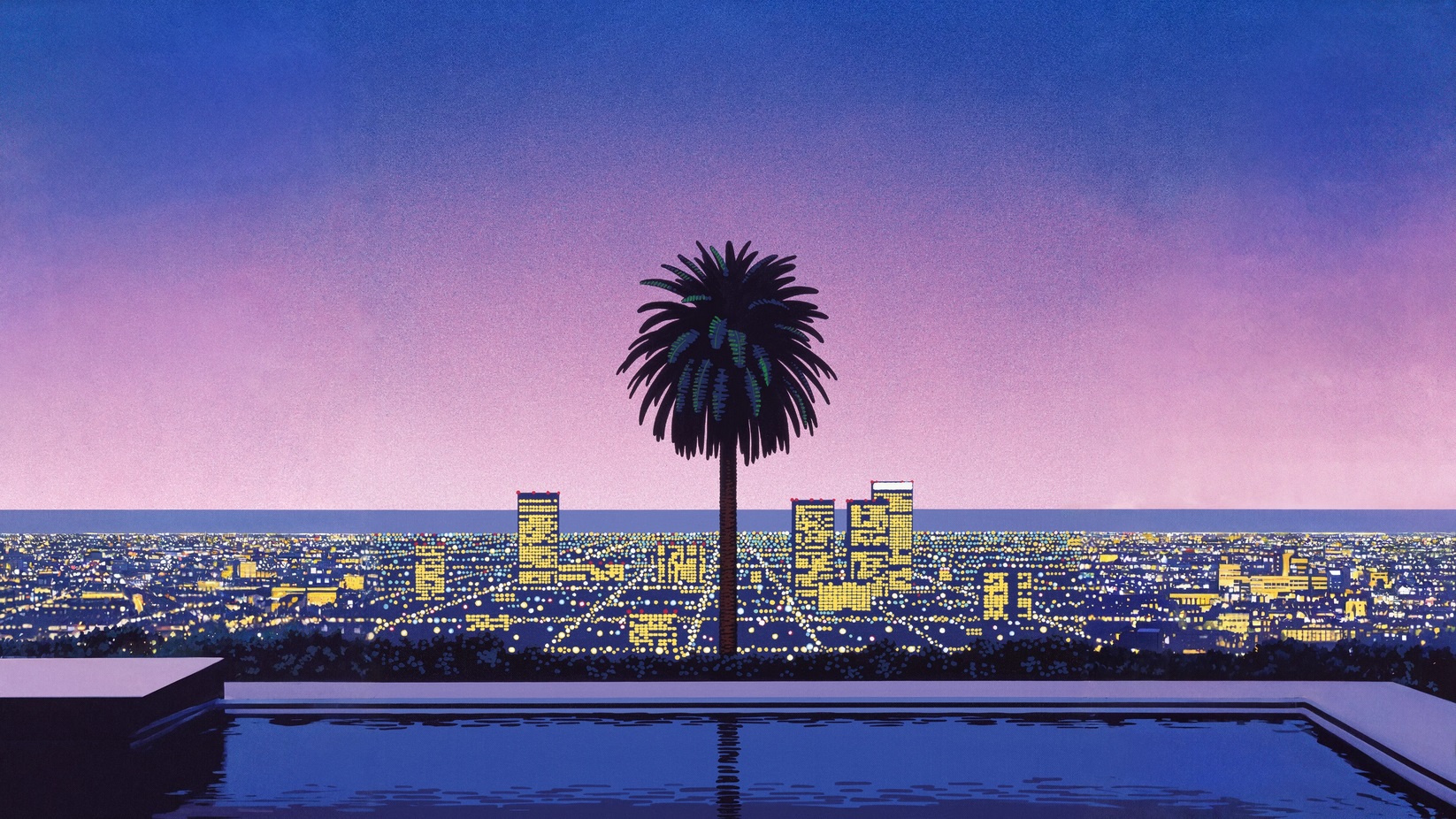 1980's City scape in vibrant pastel colors, a palm tree at the center.