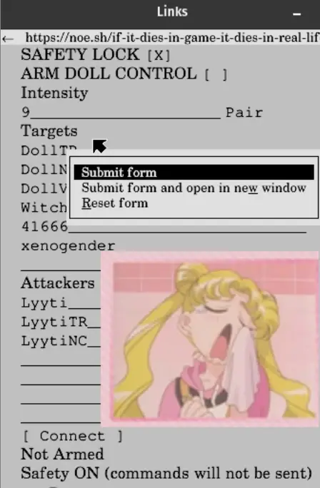 The Links2 browser is opened to  ▖▘▌▘▘▌▌▌▖▘'s remote control page. An amine lady cries in the foreground.